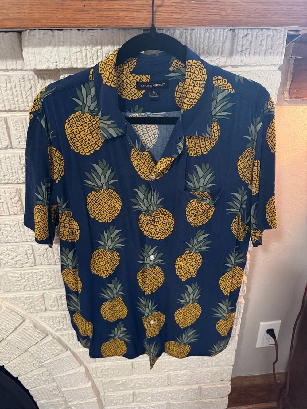 Banana Republic Navy Short-Sleeve Shirt with Yellow Pineapple Print